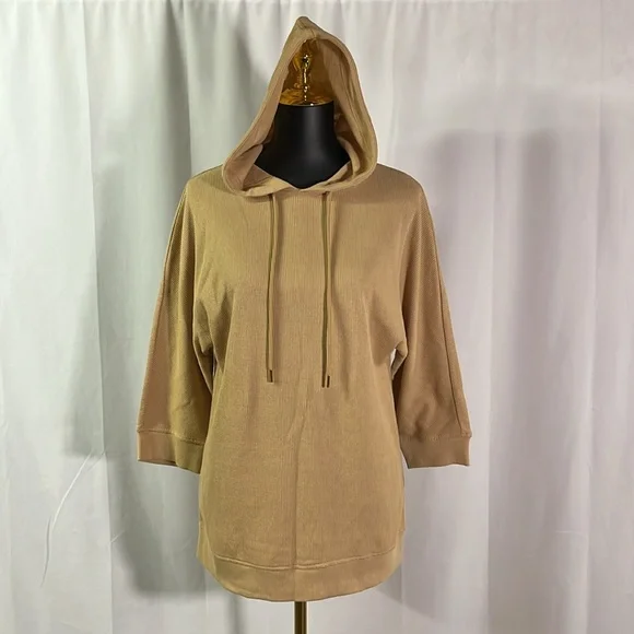 Jones New York Camel Tan Waffle Knit Thermal 3/4 Sleeve Hooded Pullover - Picture 1 of 16
